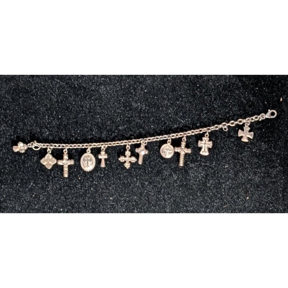 Sterling Silver JCM 925 Mauritius Charm Bracelet 11 Cross Charms by Jacmel Jewel - Picture 6 of 16